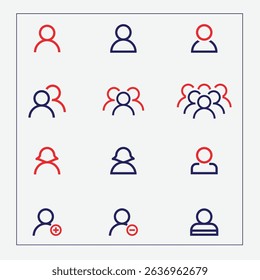 User avatar icon. User vector set. Isolated team icon. Contact silhouette. Profile social group line design. Team group sign. Teamwork symbol.