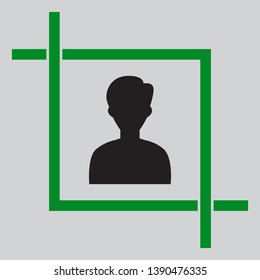 User avatar illustration. Anonymous sign. Black icon inside green crop tool at light gray background