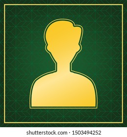 User avatar illustration. Anonymous sign. Golden icon with gold contour at dark green gridded white background. Illustration.
