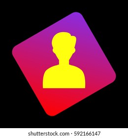 User avatar illustration. Anonymous sign. Vector. Yellow icon at violet-red gradient square with rounded corners rotated for dynamics on black background.