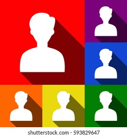 User avatar illustration. Anonymous sign. Vector. Set of icons with flat shadows at red, orange, yellow, green, blue and violet background.