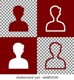 User avatar illustration. Anonymous sign. Vector. Bordo and white icons and line icons on chess board with transparent background.