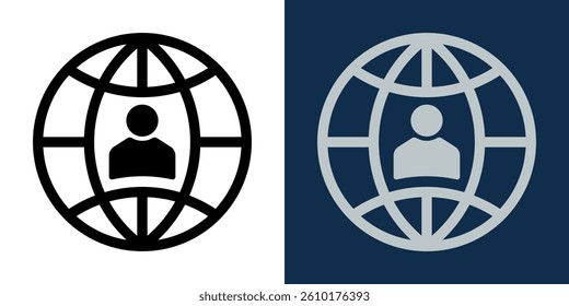 User avatar inside globe symbol. Internet global profile icon. Global user network icon. Perfect for internet, connection, social media, worldwide communication, or online identity interface design.
