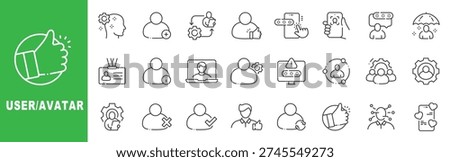 User and avatar outline icon set featuring profile management, account settings, verification, support, feedback and digital identity symbols in editable stroke line style
