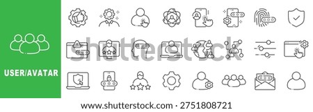 User and avatar outline icon set featuring profile management, authentication, security, verification, team collaboration and digital identity symbols in editable stroke line style
