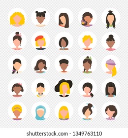 User avatar profile picture icon set in circle including female. Vector illustration in flat design people characters on transparent background.