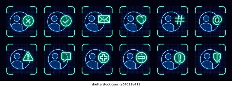 User avatar symbol set, cyber neon visual, glowing border grid vector.