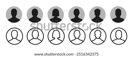 User avatar vector icon flat designs set. Man and woman vector profile signs set. User account vector symbols