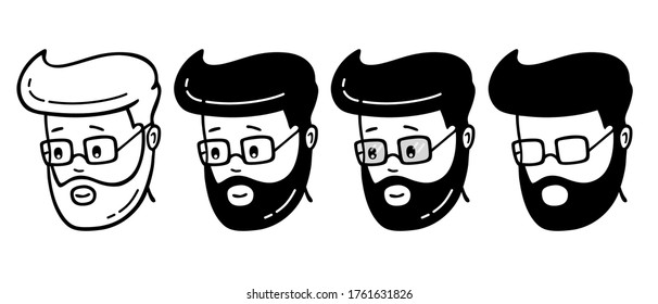 User avatar vector illustration icon. Young man face. Black and white male silhouettes of Bearded man.