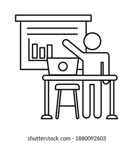 user avatar working in laptop with statistics bars line style icon vector illustration design