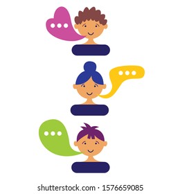 User avatars chat comments. Minimalistic cartoon portraits of characters are talking. Message exchange. Vector illustration