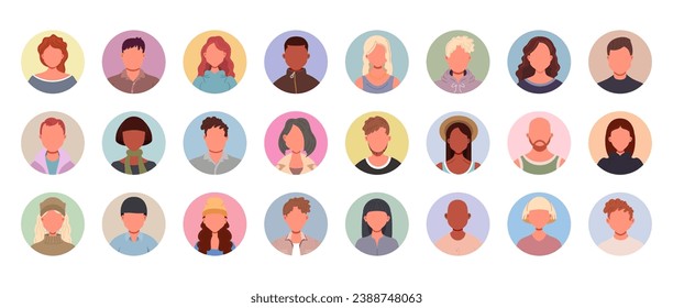 User avatars in circles. Collection of male and female human profile face icons. Unknown or anonymous person.  People portraits vector illustration.
