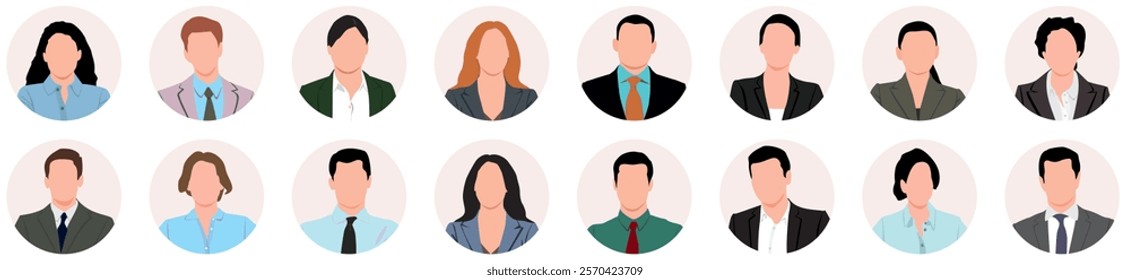 User avatars in circles. Collection of male and female human profile face icons. Unknown or anonymous person. People portraits vector illustration.