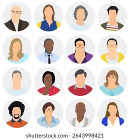User avatars in circles. Collection of male and female human profile face icons. Unknown or anonymous person. People portraits vector illustration.