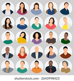 User avatars in circles. Collection of male and female human profile face icons. Unknown or anonymous person. People portraits vector illustration.