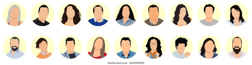 User avatars in circles. Collection of male and female human profile face icons. Unknown or anonymous person. People portraits vector illustration.
