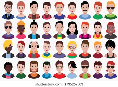 User avatars, avatars with faces and heads for social network (Male and female faces)