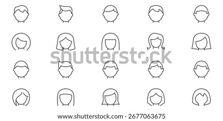 User Avatars Line Icon Set. Simple Male and Female Heads with Various Haircuts and Outlines for Profile Identification Outline Symbol Collection. Editable Stroke. Isolated Vector Illustration.