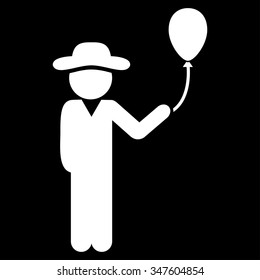 User With Balloon vector icon. Style is flat symbol, white color, rounded angles, black background.