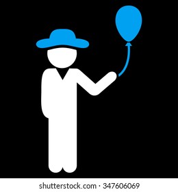 User With Balloon vector icon. Style is bicolor flat symbol, blue and white colors, rounded angles, black background.