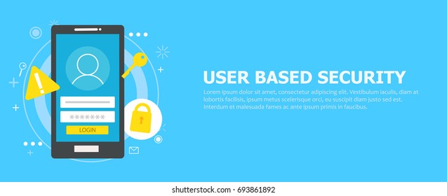 User based security banner. Phone with login box, key, lock. Vector flat illustration 