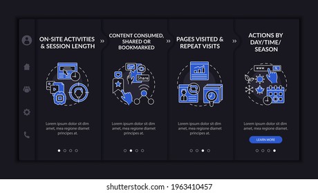 User behaviour analysis onboarding vector template. Responsive mobile website with icons. Web page walkthrough 4 step screens. Digital marketing dark mode concept with linear illustrations