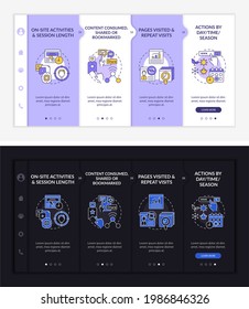 User behaviour analysis onboarding vector template. Responsive mobile website with icons. Web page walkthrough 4 step screens. Digital marketing dark, light mode concept with linear illustrations