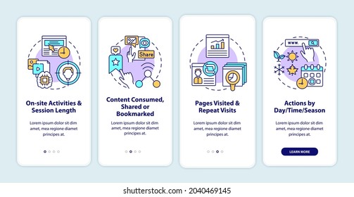 User behaviour analytics onboarding mobile app page screen with concepts. On site activities walkthrough 5 steps graphic instructions. UI, UX, GUI vector template with linear color illustrations