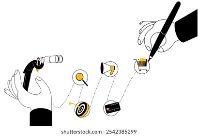 User with binoculars looking at path with different icons. Vector illustration on customer journey theme.