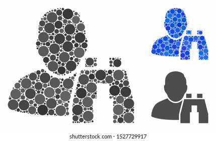 User binoculars search tool mosaic of round dots in various sizes and color tones, based on user binoculars search tool icon. Vector dots are united into blue mosaic.