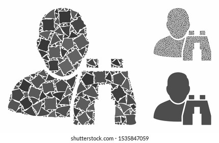 User binoculars search tool mosaic of humpy items in various sizes and color tinges, based on user binoculars search tool icon. Vector irregular parts are organized into collage.