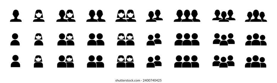 User black icon. Vector set. User profile login icon. User icons for app or web site. User avatar icon or button. Isolated. Line and flat style.