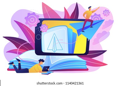 User with book and tablet watching himself flying on paper plane in augmented reality. Virtual reality learning technology, enertainment app concept, violet palette. Vector isolated illustration.