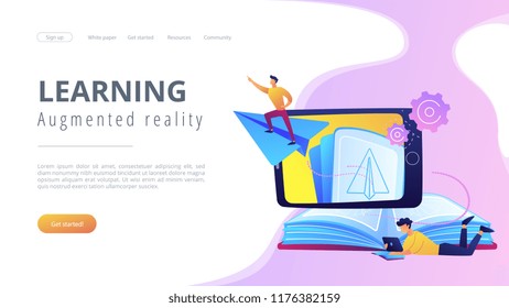 User with book and tablet watching himself flying on paper plane in augmented reality. Virtual reality learning technology, enertainment app concept, violet palette. Website landing web page.