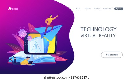 User with book and tablet watching himself flying on paper plane in augmented reality. Virtual reality learning technology, enertainment app concept, violet palette. Website landing web page.