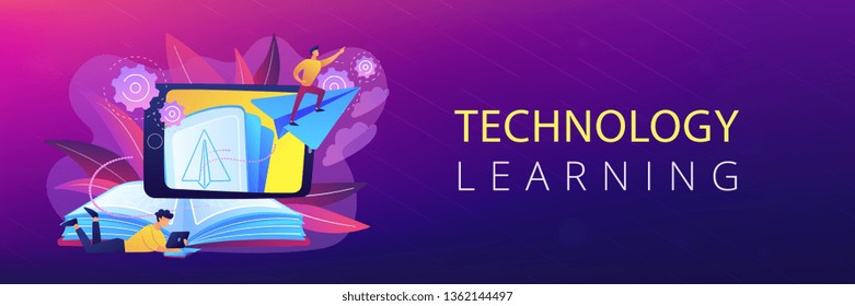 User with book and tablet watching himself flying on paper plane in augmented reality. Virtual reality learning technology, enertainment app concept, violet palette. Header or footer banner.