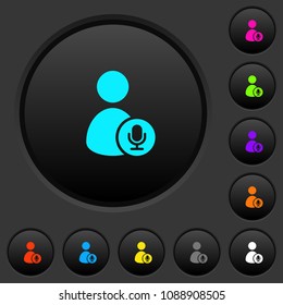 User broadcasting dark push buttons with vivid color icons on dark grey background