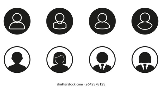 User and Business Avatar Icons in Filled and Outline Circular Frames Solid Icon Set. Professional and Anonymous Login Profile Placeholder Silhouette Symbol Collection. Isolated Vector Illustration.