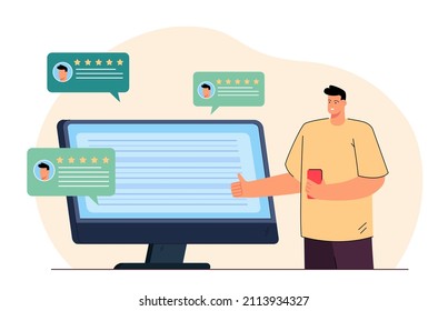 User or businessman and computer screen with good feedback. Man leaving or getting positive comments and high rating flat vector illustration. Customer feedback, technology, communication concept