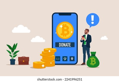 User businessman. Donate bitcoin with mobile phone. Charity, donation.  Online payment with smartphone. Business, finance. Vector illustration
