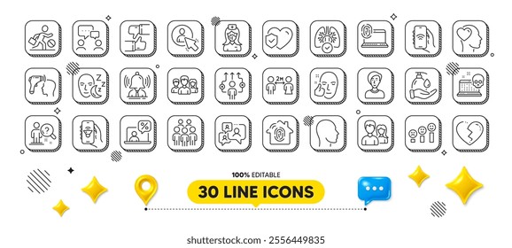 User, Businesswoman person and Like line icons pack. 3d design elements. Sleep, Broken heart, Teamwork web icon. Brand, Business way, Music app pictogram. Vector