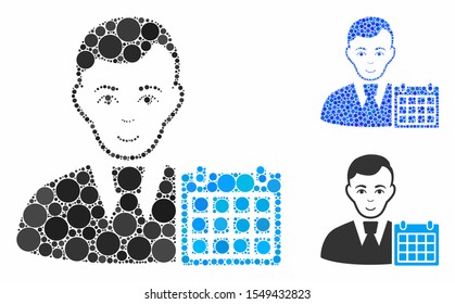 User calendar mosaic of small circles in various sizes and color tones, based on user calendar icon. Vector small circles are organized into blue collage.