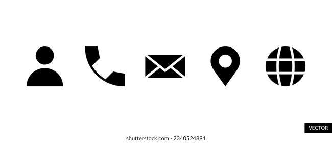 User, call, E-mail, location pin and web globe vector icons in glyph style design for website, app, UI, isolated on white background. EPS 10 vector illustration.