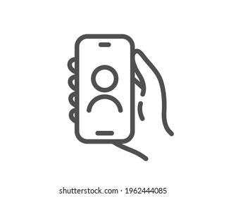 User call line icon. Hand hold phone sign. Cellphone app with screen notification symbol. Quality design element. Linear style user call icon. Editable stroke. Vector