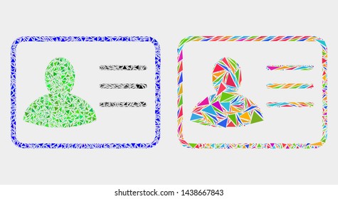 User card collage icon of triangle elements which have various sizes and shapes and colors. Geometric abstract vector illustration of user card.