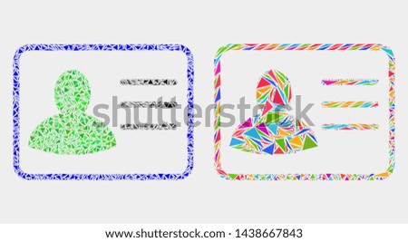 User card collage icon of triangle elements which have various sizes and shapes and colors. Geometric abstract vector illustration of user card.