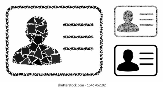 User card composition of unequal items in various sizes and color tinges, based on user card icon. Vector bumpy elements are organized into composition. User card icons collage with dotted pattern.