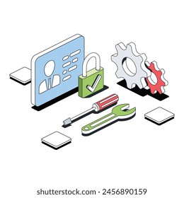 User card, personal account, setting tools, gears, checkmark lock. Vector 3d line isometric, color web icons, new flat style. Creative design idea for infographics.