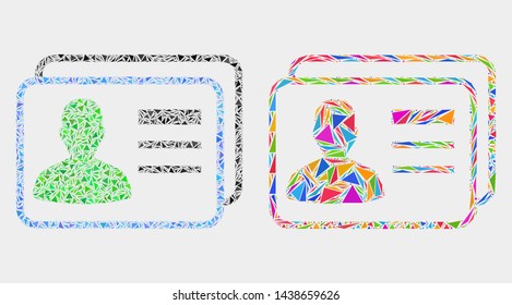User cards collage icon of triangle items which have variable sizes and shapes and colors. Geometric abstract vector illustration of user cards.