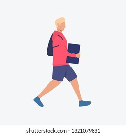 User carrying laptop flat icon. Man, guy, programmer, freelancer. Mobile computer concept. Can be used for topics like freelance, communication, computer repair